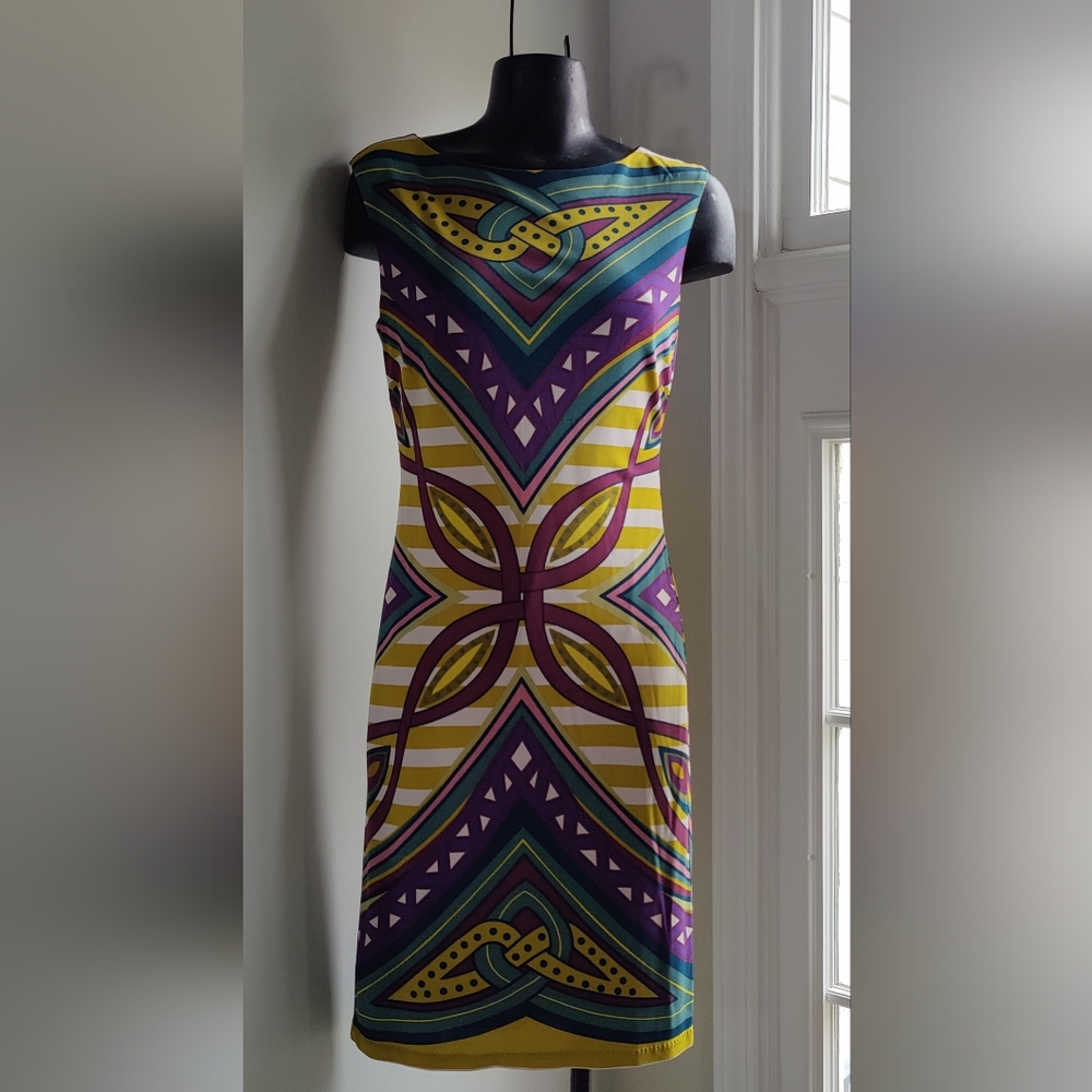 Nicole Miller 100% Silk Dress Fully lined Abstract Green Yellow Petite Small